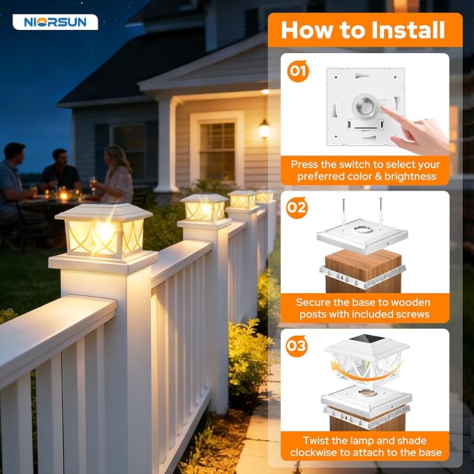 NIORSUN Solar Post Lights Outdoor, Fence Post Solar Lights with 3 Color Temps &2 Brightnesses, Edison LED Bulbs Fence Deck Decor, 4x4 Posts Caps, 4x4 &5x5 Vinyl, 4x4 &6x6 Wooden (6 Pack,White)