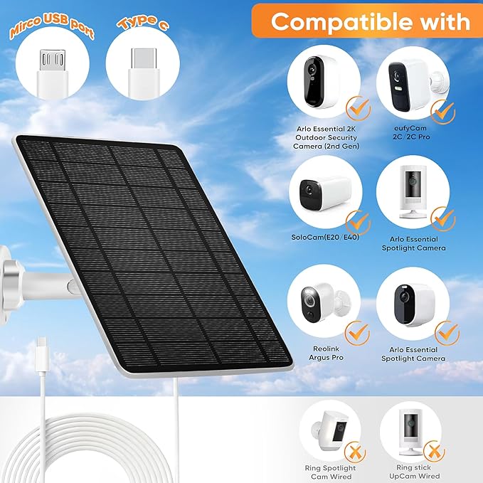 Solar Panel Compatible Camera Type C USB Port, with 9.8ft Cable, for Spotlight Cam Plus/Pro (Battery) Stick Up Cam/Pro Spotlight Cam Battery, IP66 Waterproof -2Pack