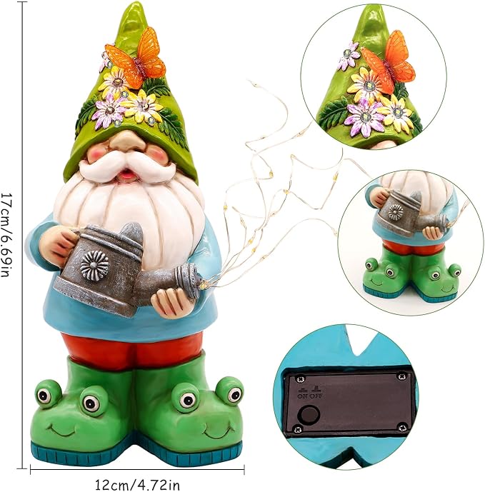 Solar Watering Can Gnome Resin LED Garden Statue | IP65 weatherproof figurine with 30 cascading warm lights; holiday gift for women & mom