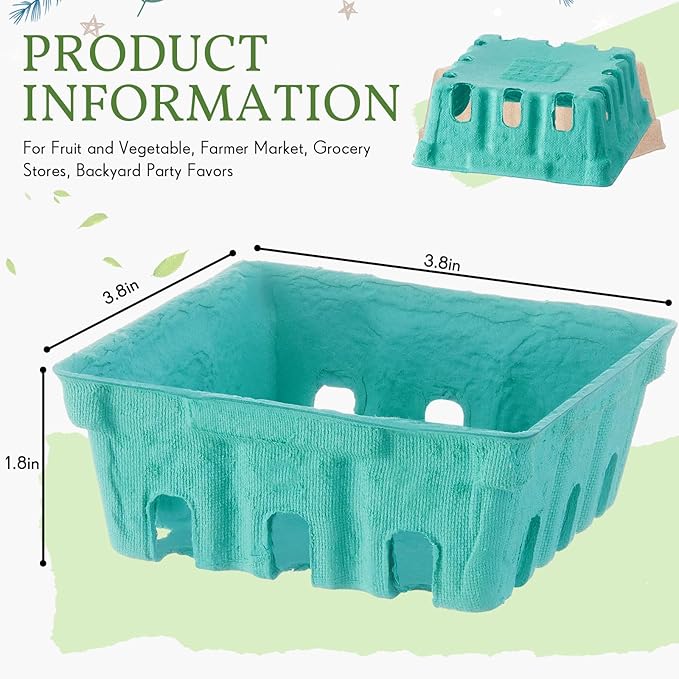 Reallnaive 20 Pack Green Pulp Fiber Berry Baskets 1/2 Pint, Small Molded Produce Vented Basket for Strawberry, Blueberry, Raspberry, Vegetables, Farmers Market, Fruit Picking, Garden Harvest, Party