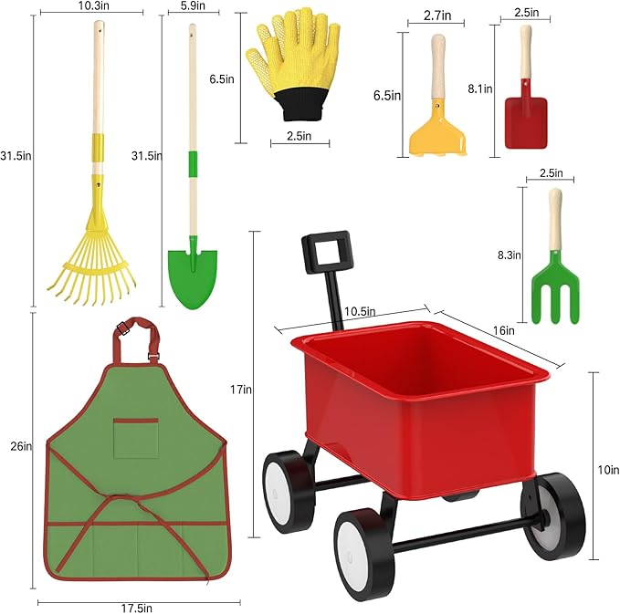 Qtioucp Kids Gardening Wheelbarrow Set, Metal & Wooden Garden Tools for Kids Ages 3-8, Real Wheelbarrows with Apron, Gloves & STEM Guide, Outdoor Backyard Garden Toy Gift