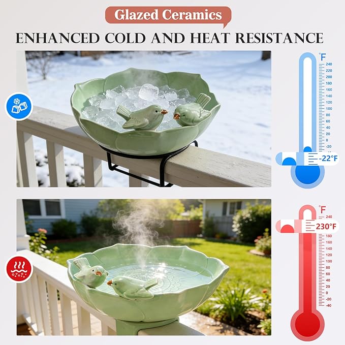 Ceramic Bird Bath for Outdoors, 10.1” Hand-Painted Glazed Ceramic Bird Baths Bowls and Feeders for Outside, UV/Frost-Resistant Finish Ground Garden Table Top Bird Baths Decor for Patio Yard Home Green