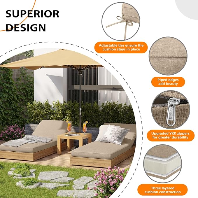 Sundale Outdoor Olefin Chaise Lounge Cushion, Water-Resistant Patio Lounge Chair Cushion, Thick Lounger Pad with 4 Straps Khaki, 80 x 26 x 4 Inches