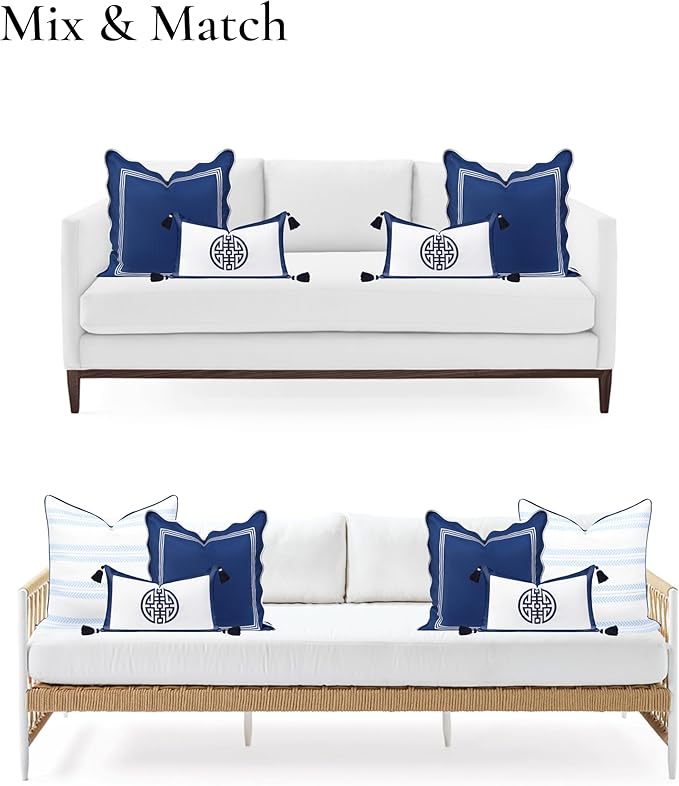 Hofdeco Premium Coastal Hampton Patio Indoor Outdoor Lumbar Pillow Cover Only, 12"x20" Water Repellent for Backyard, Couch, Poolside, Navy Blue Embroidered Double Happiness Symbol