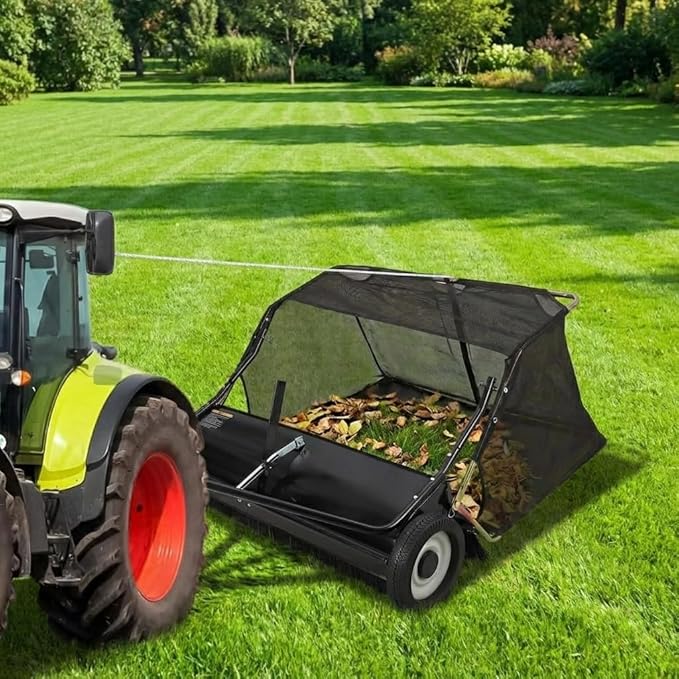 Garvee 42" Tow-Behind Lawn Sweeper – 24 cu.ft. Large-Capacity Pull-Behind Grass & Leaf Collector, Heavy-Duty Adjustable Height, Dumping Rope Design for Easy Debris Disposal, Fits Tractors & ATVs