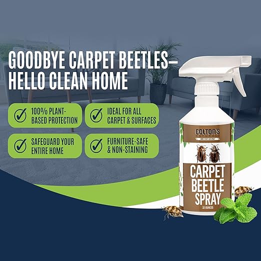 Carpet Beetle Spray – Carpet Beetle Killer for Eggs, Larvae & Adults – Indoor Home Pest Treatment for Rugs, Upholstery, Closets & Baseboards – Non-Staining, Pet & Family Safe Formula