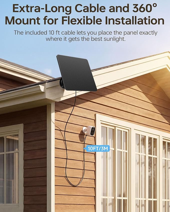 KJK 6W Solar Panel for Security Cameras – Solar Battery Charger with Micro USB & USB-C, IP67 Waterproof with 360° Adjustable Mount