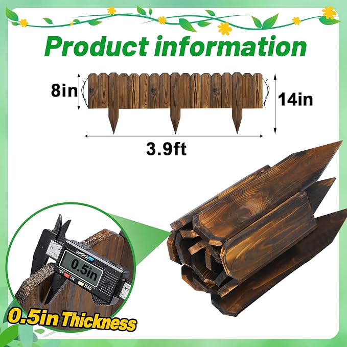 Wooden Garden Edging - 3.9ft x 8in Weather-Resistant Pine Landscape Border Fence for Outdoor Patio Lawns Yard Flower Beds Decoration
