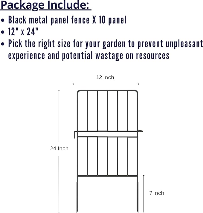 ShopLaLa Decorative Garden Fence (10 Panels) 12in(L) x 24in(H) Rustproof Black Metal Animal Barrier for Dog, Classic Wire Fencing Flower Bed Edging for Yard Landscape Patio Outdoor Border Panels Decor
