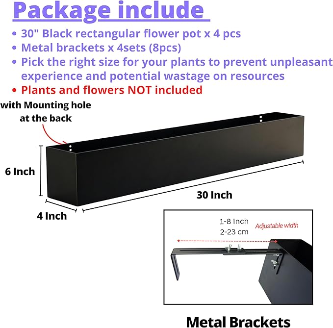 LaLaGreen Railing Planter Box (30 Inch, 4 Pack) Large Black Metal Rectangular Hanging Flower Boxes with Brackets, Planters for Outdoor Deck Railings Fence Balcony Patio Porch Over Rail Garden Decor