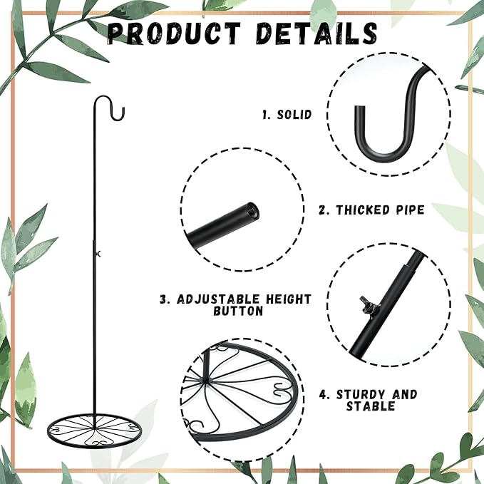 Blulu 2 Pack Adjustable Black Iron Shepherds Hook 34"-55" Shepherds Hook Metal Hummingbird Feeder for Wedding Event and Home Decor Garden Outdoor Plants Lantern Mason Jar Wind Chimes Wedding