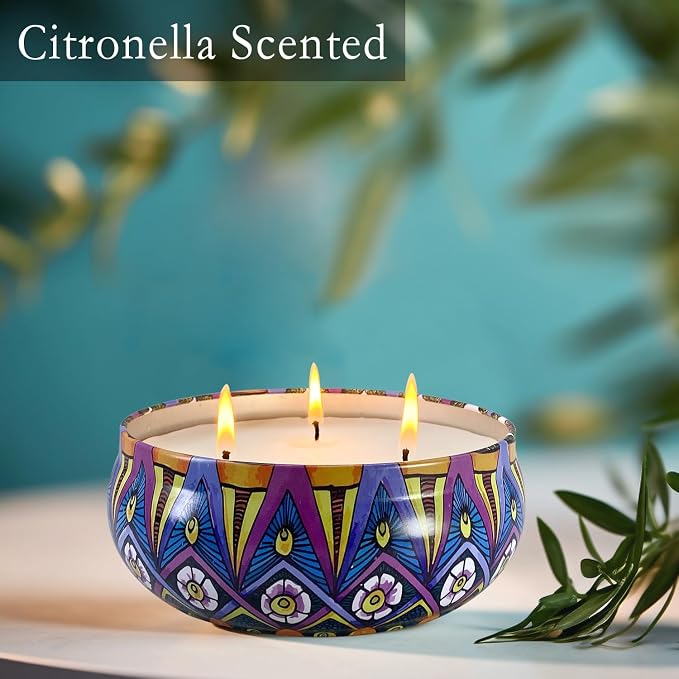 Citronella Candles 4 Pack 56oz in Total, Outdoor Large Candles 3-Wick Burning for 300 Hours, Hand Poured Non-Toxic Citronella Candles Suitable for Garden, Patio, Camping, Picnic and Barbecue