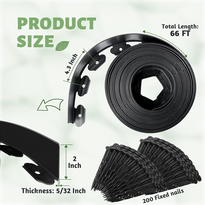 Landscape Edging - 2" High x 66 FT, Plastic Garden Edging Border with 200 Plastic Spikes, No Dig Lawn Edging for Lawn, Flower Beds, Yard, Garden Bed and Landscaping