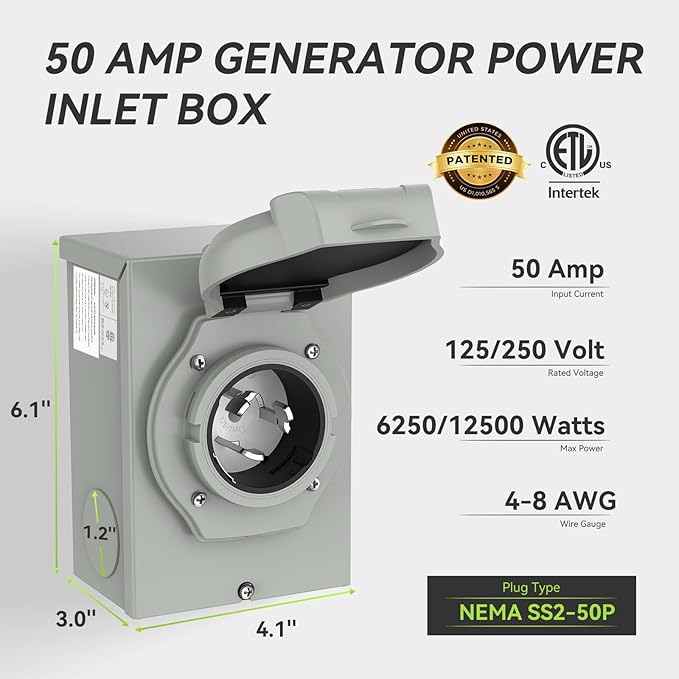 Pre-Drilling 50 Amp Generator Inlet Box RVMATE, NEMA SS2-50P Power Inlet Box, 125/250V, 6250/12500W 50a Power Inlet Box, ETL Listed, Waterproof for Outdoor Use