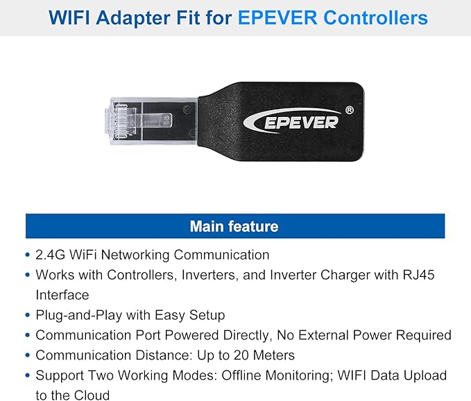EPEVER WiFi Adapter Accessorry for MPPT Solar Charge Controller APP Remote Monitor (EPEVER-WiFi-2.4G-RJ45-D)