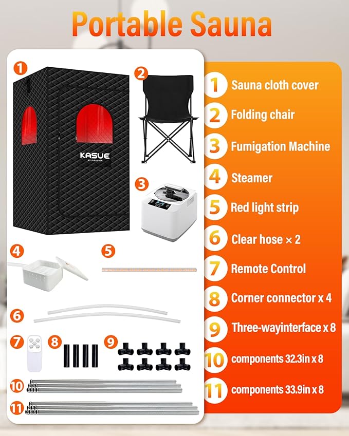 KASUE Portable Steam Sauna Tent for Home, Infrared Sauna with 3L Steamer, 9 Temp Levels & 99 Min Timer, 5-Layer Waterproof Insulated, Folding Chair Included, Indoor Spa (Light Black)