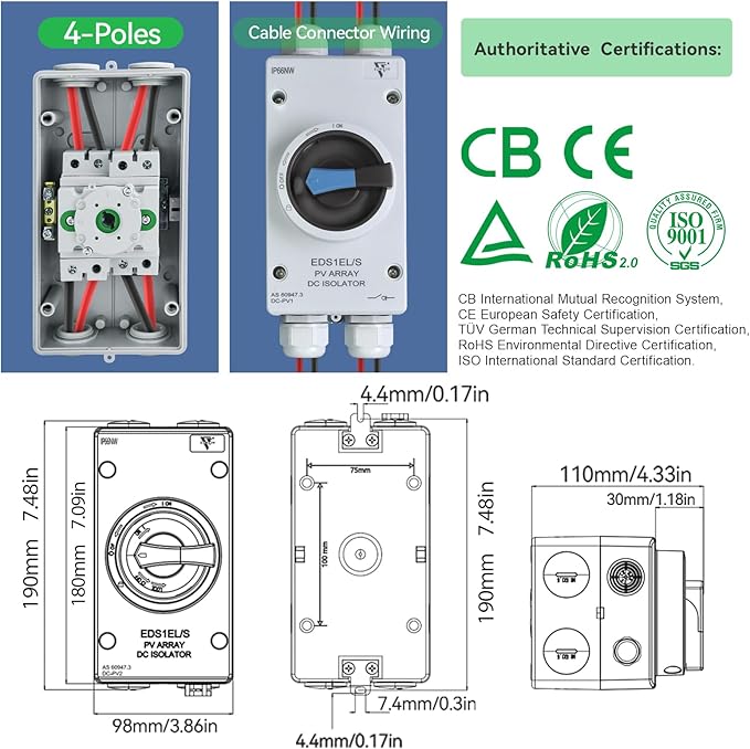 Solar Disconnect Switch 2-Pole DC1500 32A Isolator Solar Switch with Enclosure for Rooftop Solar Systems, RVs and Boat Waterproof IP66 Black