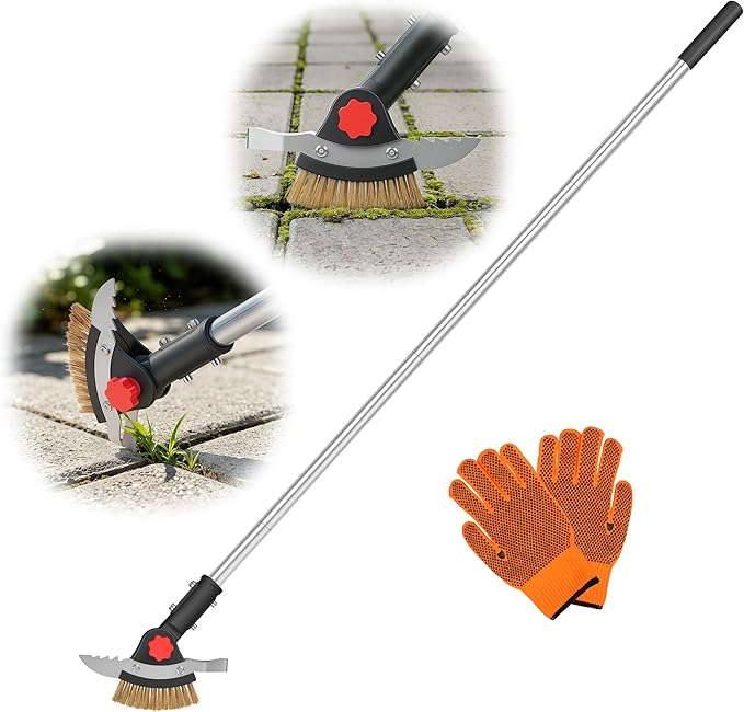 3-in-1 Crack Weeder Long Handle, Adjustable Crevice Weeding Tool with Stainless Steel Weed Brush and 2 Scrapers Weed Puller Tool for Driveway, Sidewalk, Lawn to Remove Weeds Moss Dirt (58.6")