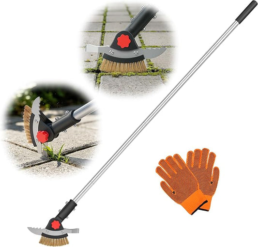 3-in-1 Crack Weeder Long Handle, Adjustable Crevice Weeding Tool with Stainless Steel Weed Brush and 2 Scrapers Weed Puller Tool for Driveway, Sidewalk, Lawn to Remove Weeds Moss Dirt (58.6")