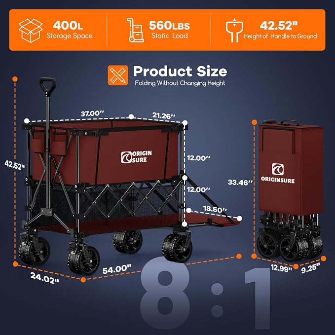 Originsure 400L Double Decker Wagon Collapsible with 54" L Tailgate, 560lbs Heavy Duty Carts Foldable, Extra Large Folding Beach Wagon with Big All-Terrain Wheels for Camping, Sports, Groceries, Red