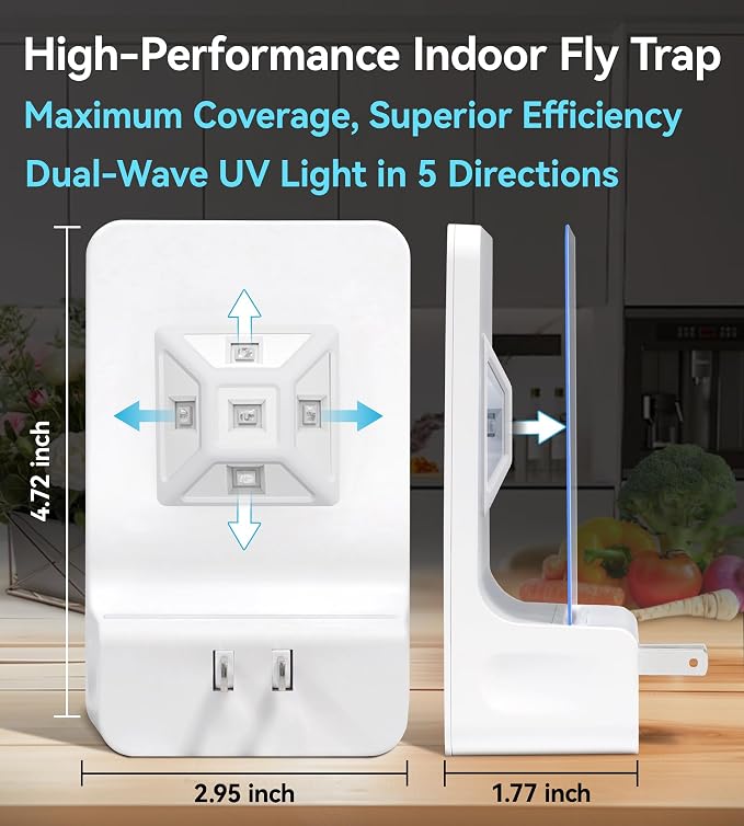Advanced Double-Sided Indoor Fly Trap for Home, Plug-in 5-Way UV Light | Bug Catcher, Fly & Gnat Killer for House Flies, Gnats, Mosquitoes, Moths, Fruit Fly Traps for Indoors, 1 Trap 4 Refills