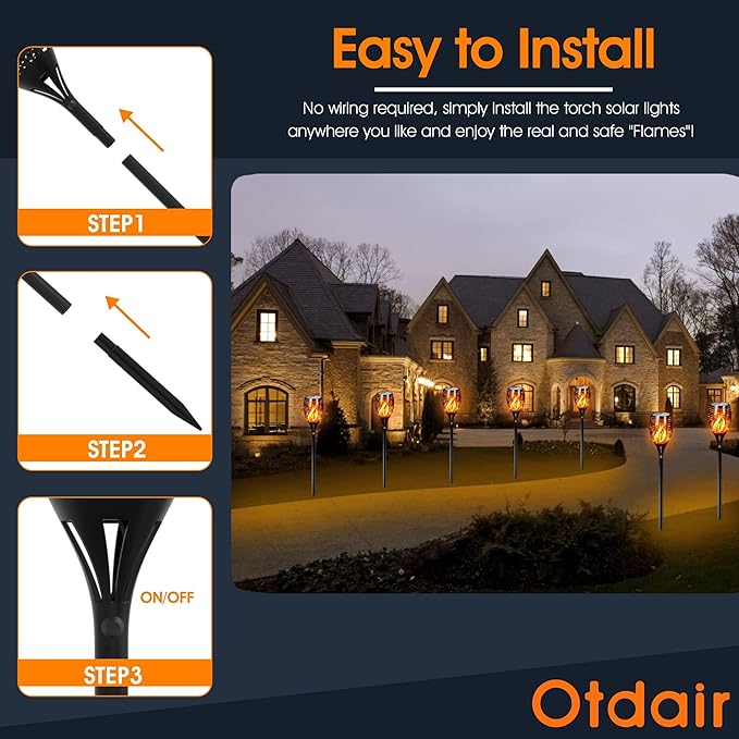 Otdair 96 LED Solar Lights Outdoor Upgraded 4 Pack, 2200mAh Solar Tiki Torches with Flickering Flame, Waterproof 43" Tall & Super Larger Size Solar Torch Light for Garden, Yard, Patio, Decorations