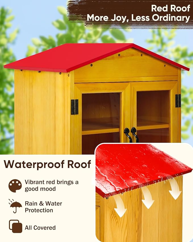 Outdoor Library Book Box Storage, Red Wooden Cabinet Little Literature Box for Neighborhoods Community and Schools Sharing Books, Newspapers, Flyers, Food and Art (Library Box-Red-2Tier)