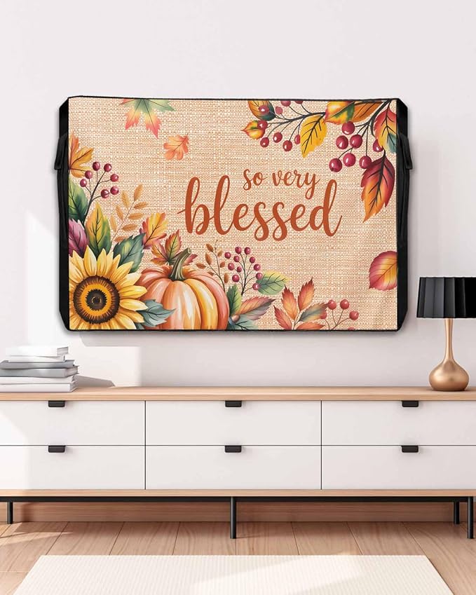 Outdoor TV Cover for Outside Flat Screen,Watercolor Autumn Pumpkin,600D Thick Waterproof Weatherproof Outdoor TV Screen Protector with Zipper for 70 to 75 Inch Flat Screens