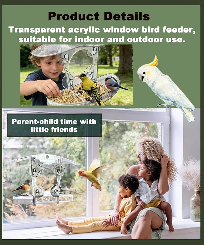 2PCS Clear Window Bird Feeder with Strong Suction Cups, Large Transparent Outdoor Type, Removable Seed Tray with Drainage Holes, Weatherproof & Sleek Streamlined Design, Ideal Gift for Bird Lovers (2)