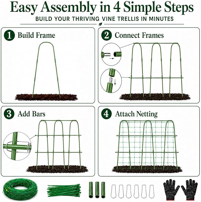 FOLLOOK Cucumber Trellis for Raised Garden Bed, Rustproof Metal Garden Arch Trellis for Climbing Plants Support Outdoor Fruit Grape Vine Vegetable Tomato Pole Bean Snap Pea Trellis, 48x48inch, Green
