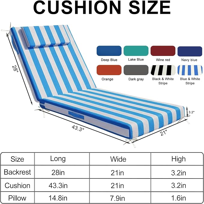 Outdoor Chaise Lounge Cushions, 72x21 Inch Olefin Water & Fade Resistant Pool Lounge Chair Cushions, Patio Sun Lounger Pad with Pillow & Straps for Patio, Pool, Deck, Lawn, Blue White Stripes