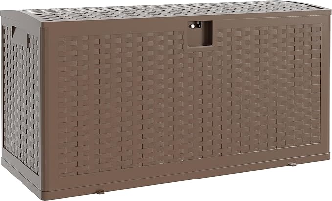Resin Deck Box, 73 Gal Outdoor Storage Box Waterproof Lockable, Patio Square Deck Box For Package Delivery, Outside Storage Box Container for Furniture Cushions, Garden Tools, Pool Accessories, Brown
