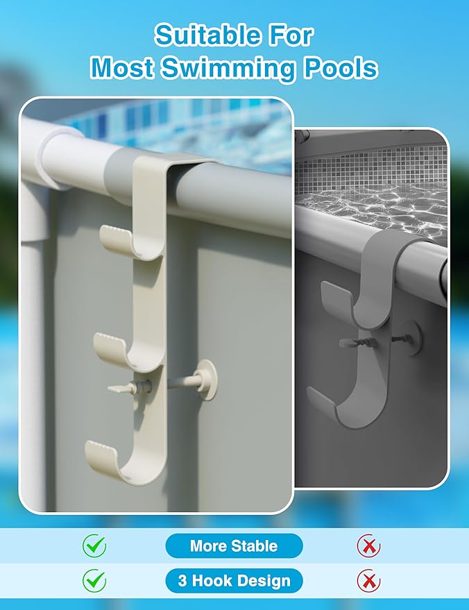 POOLHOUR Pool Hooks for Poles - Adjustable 3-Hook Pool Pole Hanger for Above Ground Pool Accessories,Skimmer & Cleaning Tool Bracket for Above Ground Pool Maintenance[Patented]