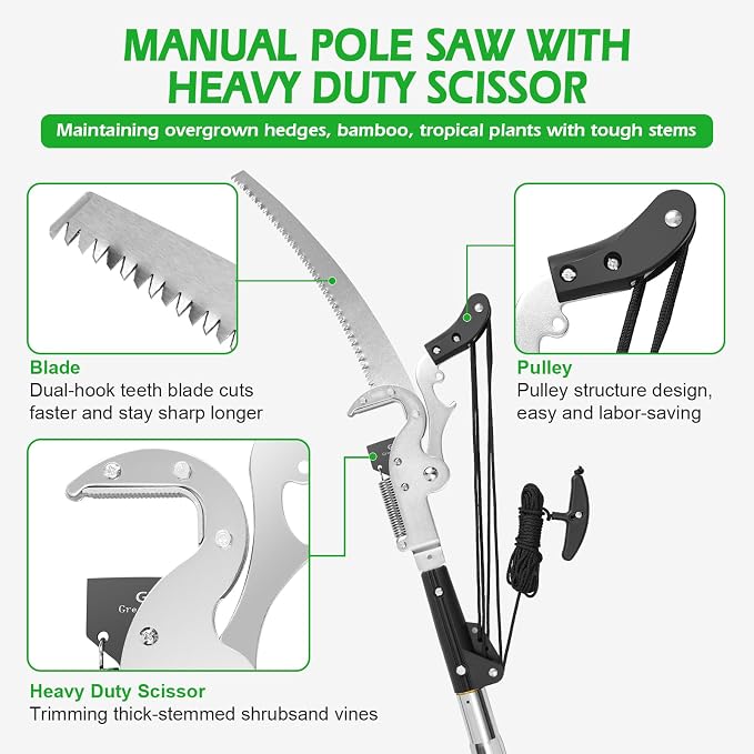 Grefinity Manual Pole Saw, 27 Ft Tree Trimmer, Extendable Pole Saws for Tree Trimming, Sharp Blade and Heavy Duty Scissors, for Backyard and Garden Pruning Palms & Shrubs, Green