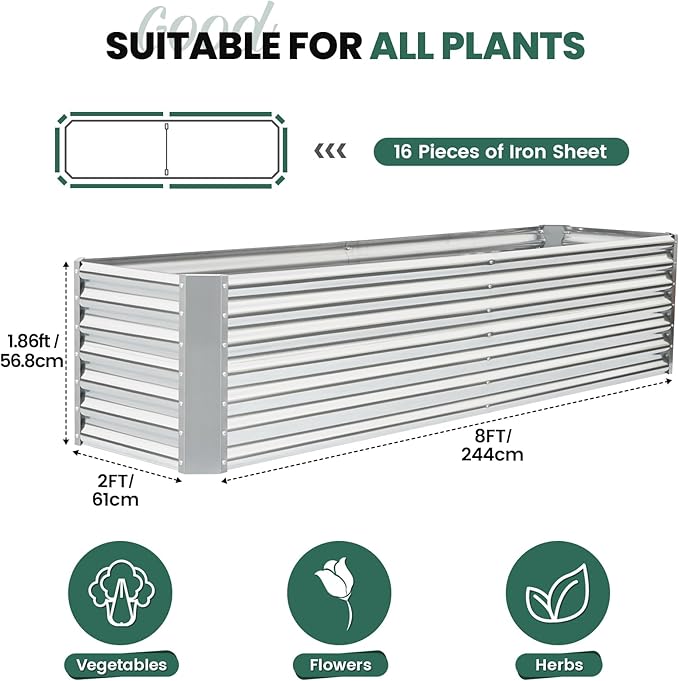 G GOOD GAIN 8x2x2 ft Galvanized Raised Garden Bed Kit, Large Metal Planter Box Outdoor for Vegetables, Flowers, Herbs, 240 Gallon Capacity Deep Root Design, Silver