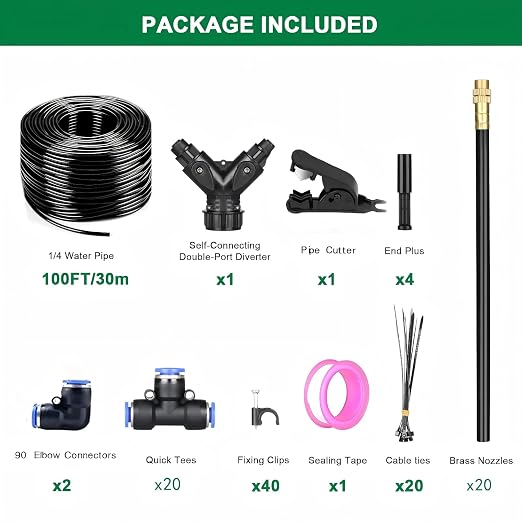 Drip Irrigation System with Brass Nozzles – 2026 Upgrade 100FT Garden Watering Kit with 20Pcs 360° Adjustable Misting Sprinklers Quick Connect Fittings for Raised Beds, Lawn, Patio
