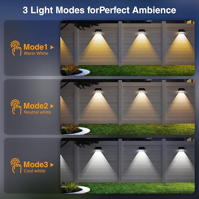 Onforu Solar Fence Lights,8 Pack Solar Lights Outdoor,3 Modes (Warm/Neutral/Cool White) for Outside,Dusk to Dawn Outdoor Lighting,IP65 Waterproof Deck Lighting for Patio,Step,Backyard,Railing,Wall