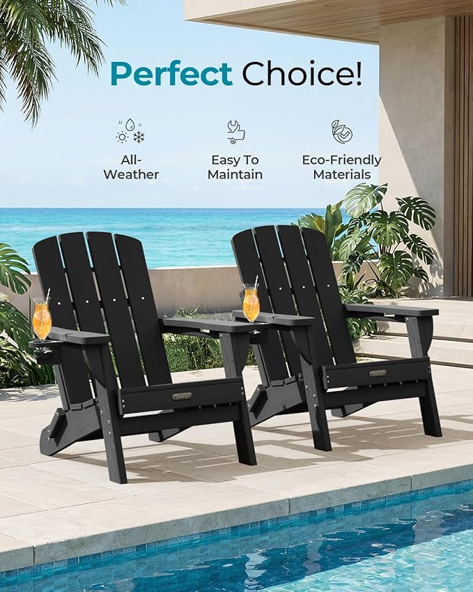 Folding Adirondack Chair 4 Pack, HDPE All-Weather Fire Pit Chairs, Plastic Adirondack Chairs with 2 Cup Holder, Outdoor Lawn Chair for Patio Garden (Black)