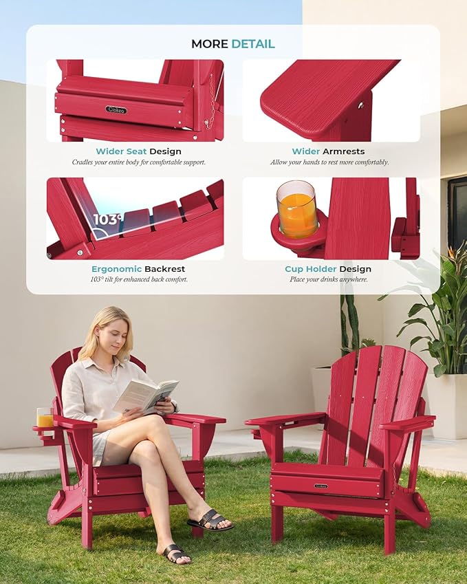 Ciokea Folding Adirondack Chair Wood Texture, Patio Adirondack Chair Weather Resistant, Plastic Fire Pit Chair with Cup Holder, Lawn Chair for Outdoor Porch Garden Backyard Deck (Red)