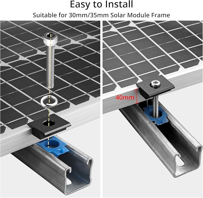 Anbte 10pcs Solar Panels Mid Clamps for Unistrut, Aluminium 1.37" Solar Panel Brackets, Mounting Kit for Metal Roof, Tin Roof, Flat Roof, Sheet Roof, RV, Black