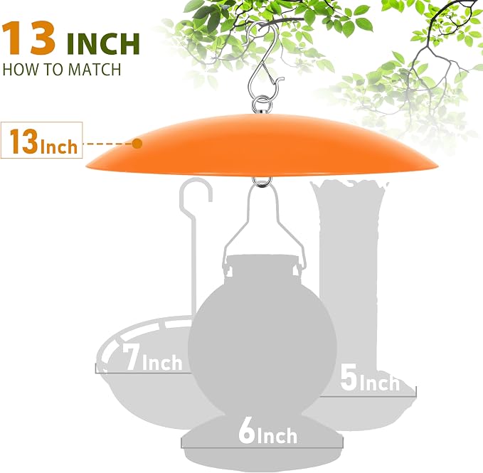 13" Bird Feeder Rain Guard, Hummingbird Feeder Shade Dome Cover, Hanging Baffle for Bird Feeder Pole,Smart Birds Feeder's Umbrella(Translucent Orange), 2 Pack
