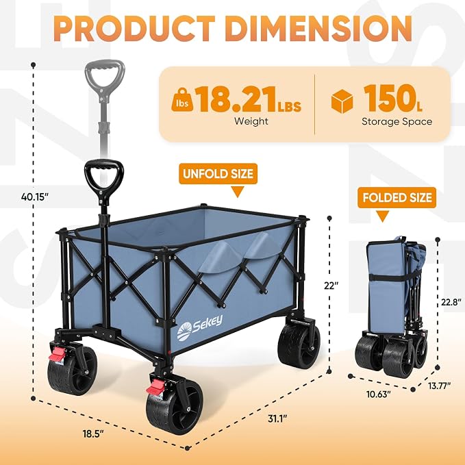Sekey 150L Wagons Carts Foldable with Big All-Terrian Beach Wheels, Collapsible Heavy DutyWagon, Extra Large Folding Wagon,Foldable Wagon for Camping, Garden, Sports. Blue