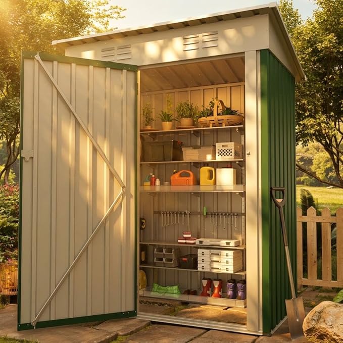 GAOMON Compact Metal Outdoor Storage Outdoor Storage 5x3FT - Weather-Resistant Tool Organizer with Lockable Single Door, Sloping Roof - Ideal for Garden, Backyard, Patio, Lawn Equipment