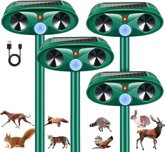 4 Pack Upgraded Sonic Fortress Pro Deer Repellent Cat Deterrent Outdoor Solar Ultrasonic Animal Repeller with Motion Sensor for Skunk Rabbit Raccoon Squirrel Fortress Pro for Yard Garden