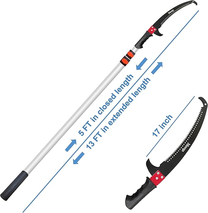 5-13FT Telescoping Pole Saw with 17-Inch Steel Blade & Case | Extendable Tree Trimmer, Cuts High Limbs, Palms, Vines, No Ladder Needed, Safe Operation
