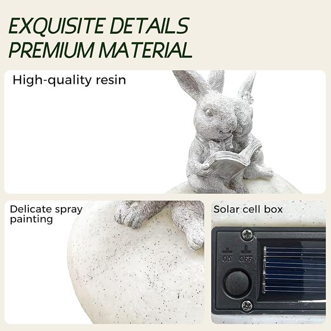 Solar Bunny Garden Statue with LED Light – Cute Solar Garden Decor Outdoor Rabbit Statue for Patio Yard Backyard Lawn, Bunny Decor Garden Statues, Easter Rabbit Gifts-Stone