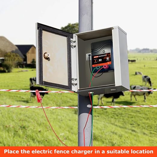 Electric Fence Charger AC Powered 50 Miles 165 Acres, 110 Volt 2 Joule Plug-in Electric Fence Energizer, Output Voltage Max 10 kV for Livestock, Preventing Predators from Intruding