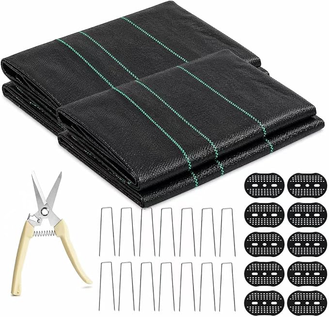 4 FTX100 FT Weed Barrier Fabric Heavy Duty, 4.23oz Landscape Fabric, with 60pcs U-Shaped Landscape Fabric Staples and 60pcsGarden Stakes Gaskets, 1 Shears
