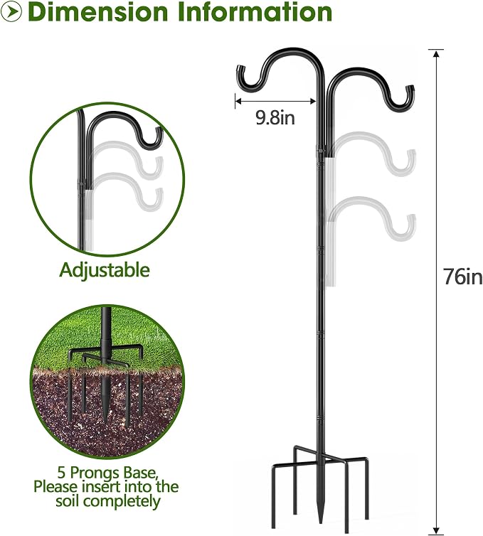 Double Shepherds Hooks for Outdoor, 76" Heavy Duty Bird Feeder Pole with 5 Prong Base, Adjustable Shepherds Hook for Bird feeders Outside, Garden, Weddings, Hanging Plants, 2 Pack, Black