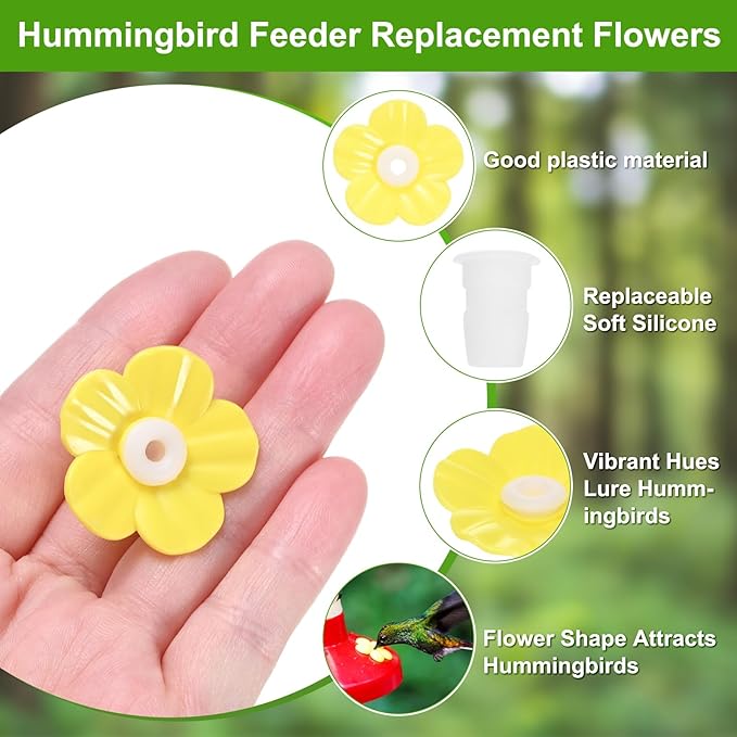 M METERXITY 16-Pack Hummingbird Feeder Replacement Flowers, Plastic Pet Hummingbird Feeding Parts Feeding Ports for Outdoor Hanging Feeders, Bees Guards [Yellow]